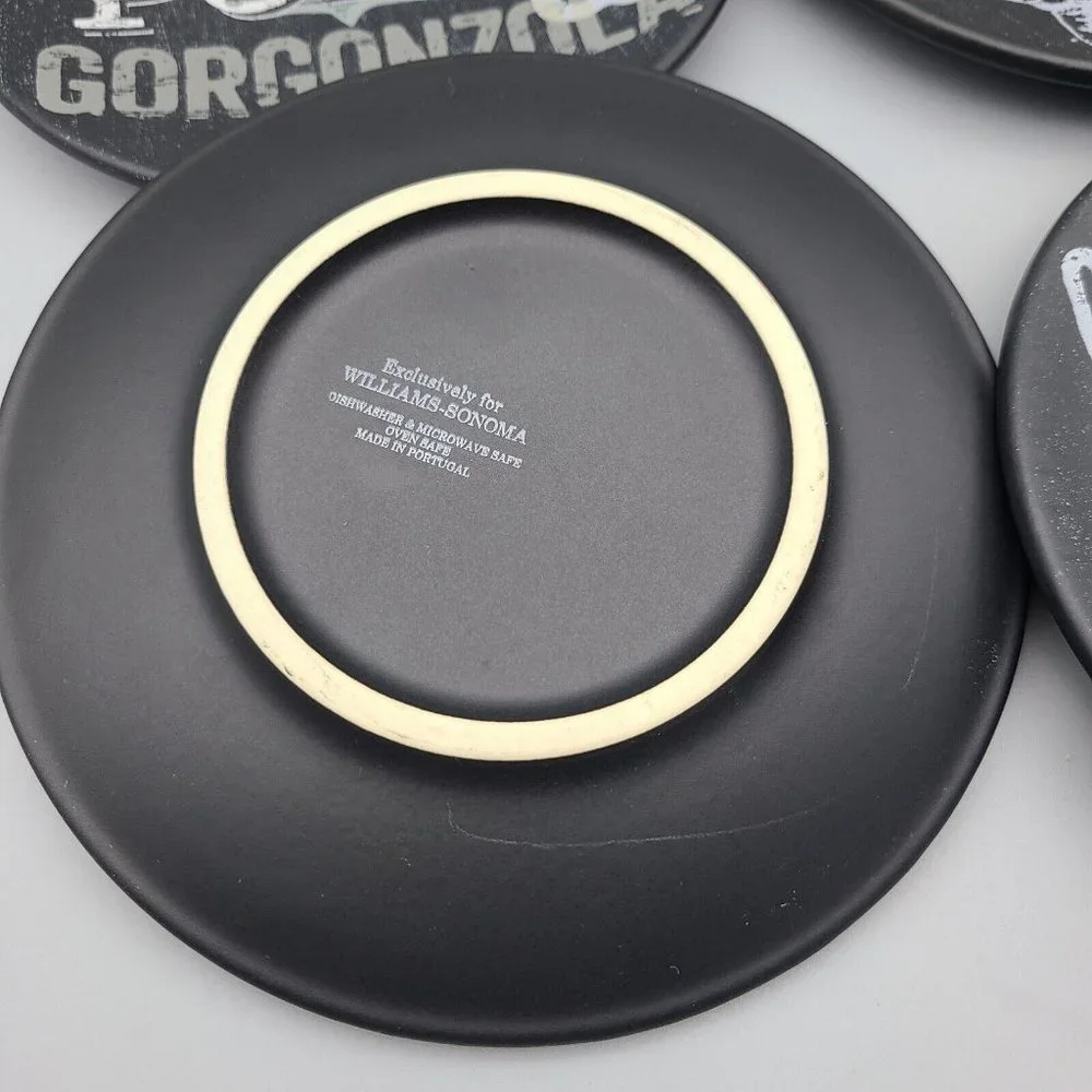 Set (4) Williams Sonoma plates Black Matte Wine & Cheese Motif Small Stoneware